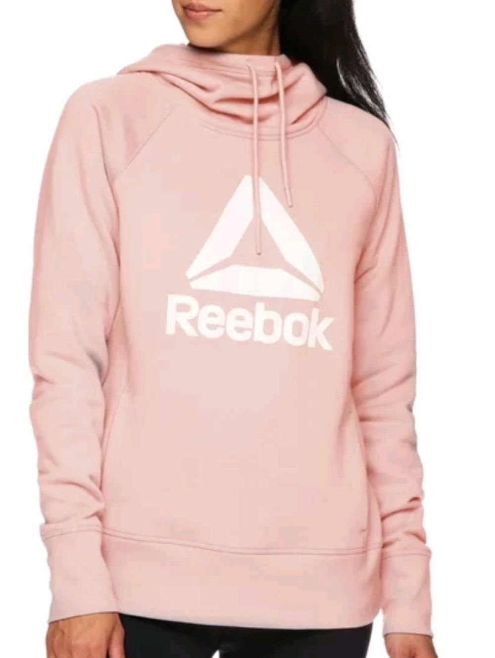 Reebok Womens Pink Mock Neck Logo Fleece Pullover Hoodie Size Small